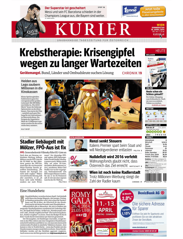 Titelseite der Zeitung „Kurier“ vom 10. April 2014 mit Artikeln zu verschiedenen Themen.