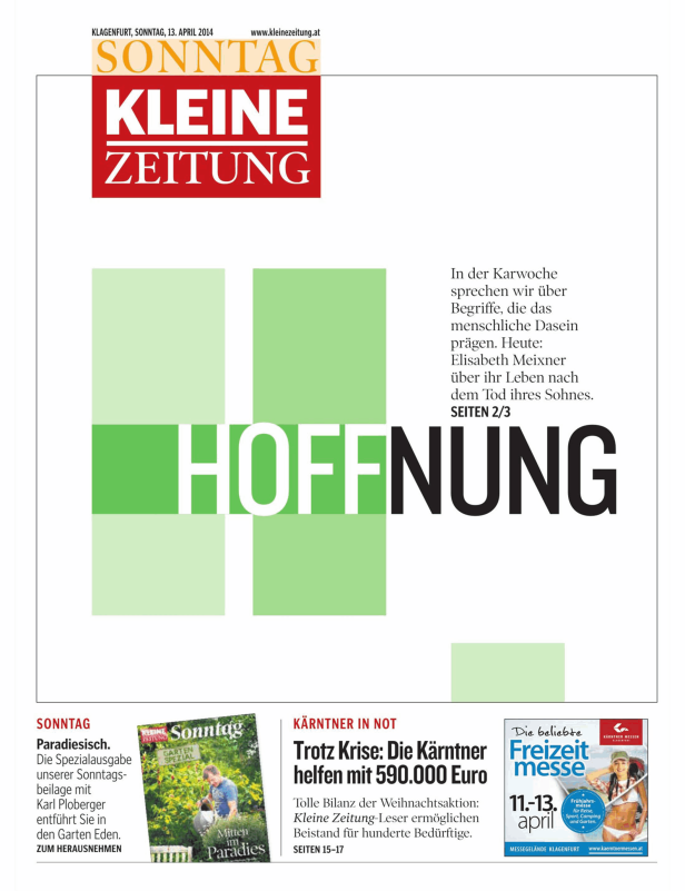 Titelseite der Kleinen Zeitung vom 13. April 2014 mit dem Wort „Hoffnung“.