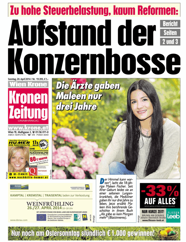 Titelseite der Kronen Zeitung vom 20. April 2014 mit dem Titel „Aufstand der Konzernbosse“ und einem Artikel über Maleen Fischer.
