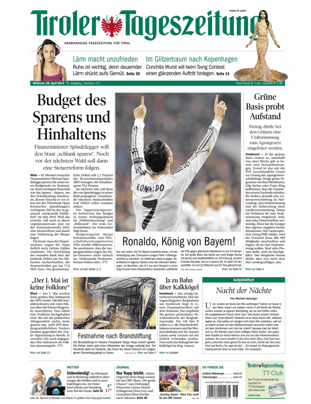 Titelseite der Tiroler Tageszeitung mit Artikeln über Finanzen, Sport und Kultur.