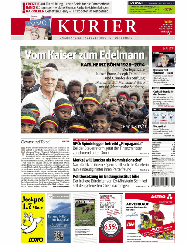 Titelseite des Kurier vom 31. Mai 2014 mit einem Artikel über Karlheinz Böhm.