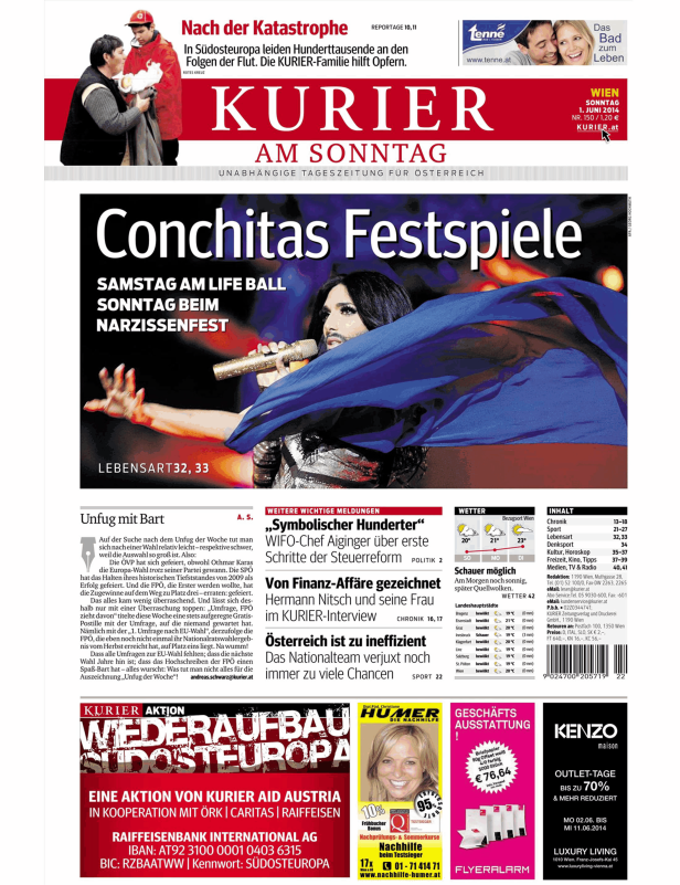 Titelseite des Kurier am Sonntag mit Conchita Wurst im Fokus.