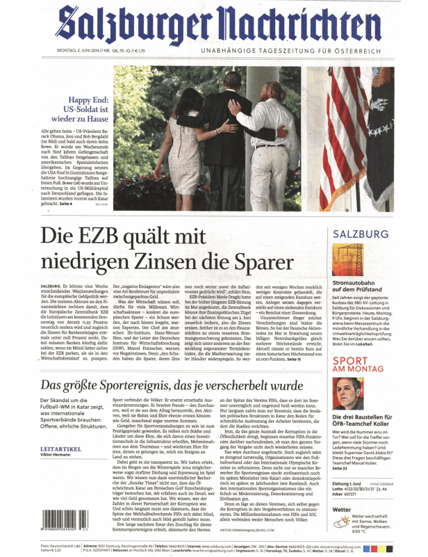 Titelseite der Salzburger Nachrichten vom 2. Juni 2014.