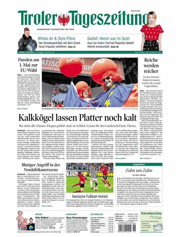 Titelseite der Tiroler Tageszeitung vom 2. Mai 2014.