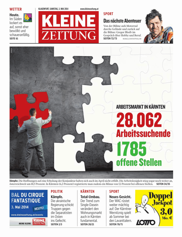 Ein Mann im Anzug setzt ein rotes Puzzleteil in ein größeres Puzzle ein, das den Arbeitsmarkt in Kärnten darstellt.