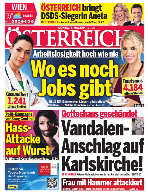 Titelseite der Zeitung „Österreich“ vom 5. Mai 2014 mit Schlagzeilen zu Arbeitslosigkeit, Conchita Wurst und einem Anschlag auf die Karlskirche.