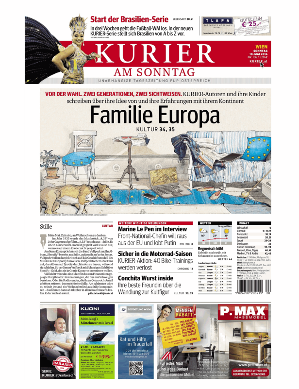 Titelseite des Kurier am Sonntag, 18. Mai 2014, mit Artikeln über Familie Europa, Marine Le Pen und Conchita Wurst.