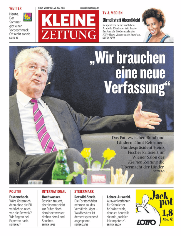 Titelseite der Kleinen Zeitung vom 21. Mai 2014 mit Bundespräsident Heinz Fischer.