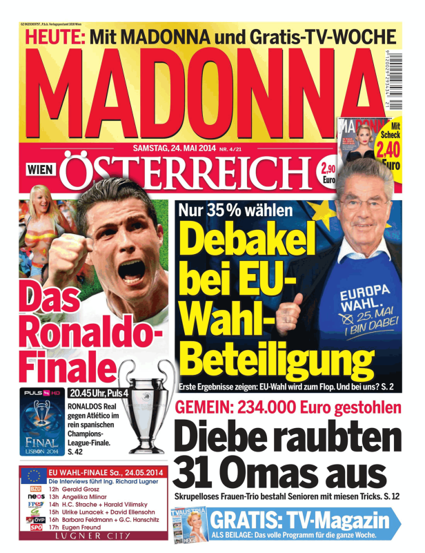 Titelseite der Zeitung „Madonna“ vom 24. Mai 2014 mit Artikeln über das Ronaldo-Finale und die EU-Wahl.