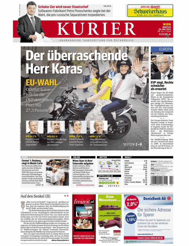 Titelseite des Kurier vom 26. Mai 2014 mit dem Titel „Der überraschende Herr Karas“ zur EU-Wahl.