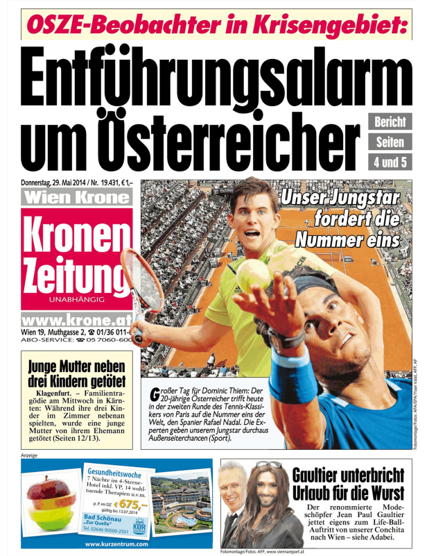 Titelseite der Kronen Zeitung mit einem Artikel über Dominic Thiem und Rafael Nadal.