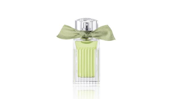 Ein Parfümflakon mit einer hellgrünen Schleife auf einem weißen Hintergrund.