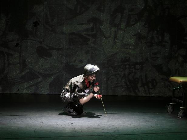 Eine Person in Bühnenkostüm hockt und betrachtet eine rote Blume.