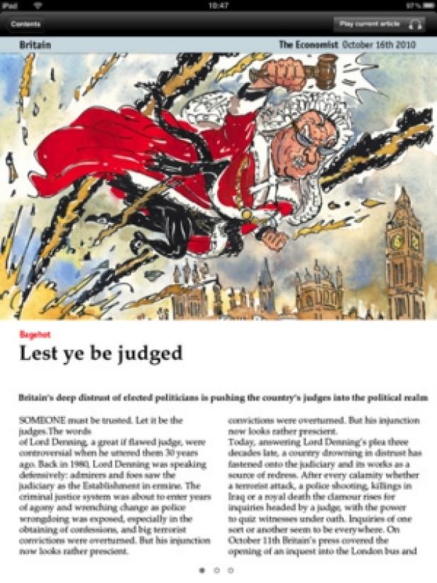 Karikatur eines Richters mit Hammer vor dem Hintergrund von Londoner Sehenswürdigkeiten.