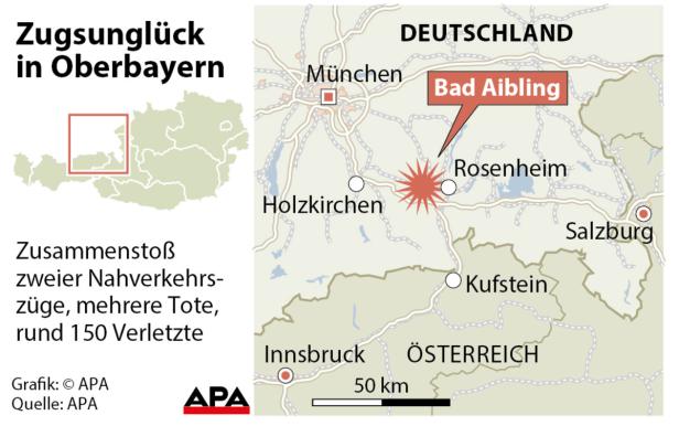 Eine Karte von Oberbayern, die die Lage des Zugunglücks bei Bad Aibling zeigt.