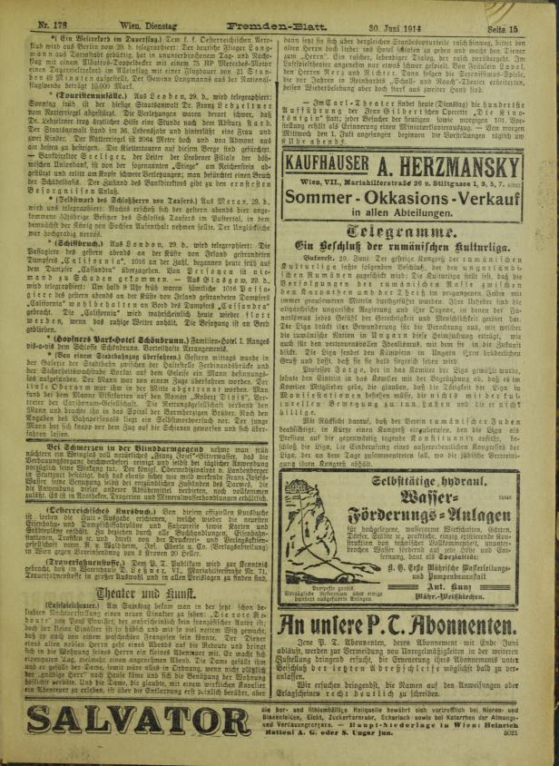 Die Zeitungen des 29. Juni 1914