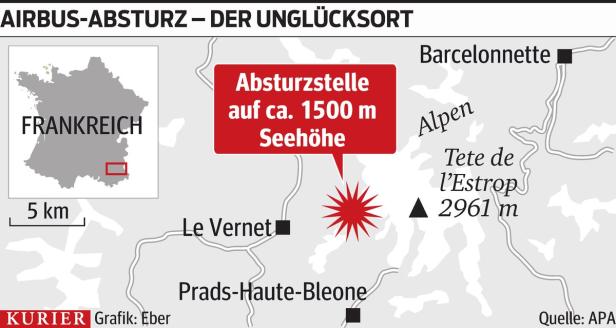 Eine Karte zeigt die Lage des Airbus-Absturzes in der Nähe von Le Vernet in den Alpen auf etwa 1500 m Seehöhe.