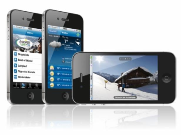 Drei iPhones zeigen eine Wetter-App und eine Skitour am Achensee.