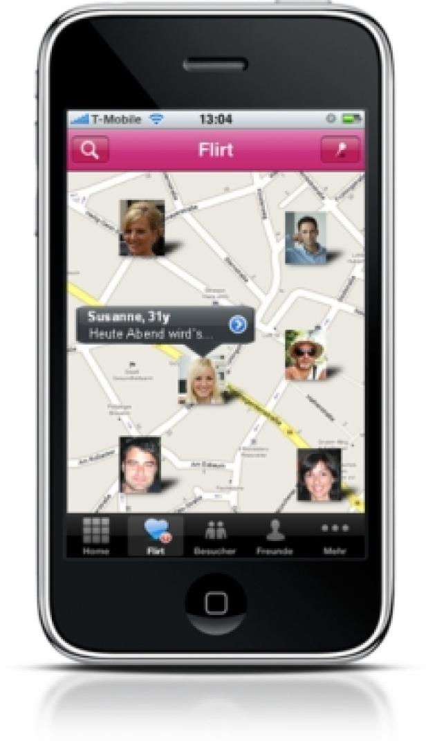 Ein iPhone zeigt eine Dating-App mit Profilbildern auf einer Karte.