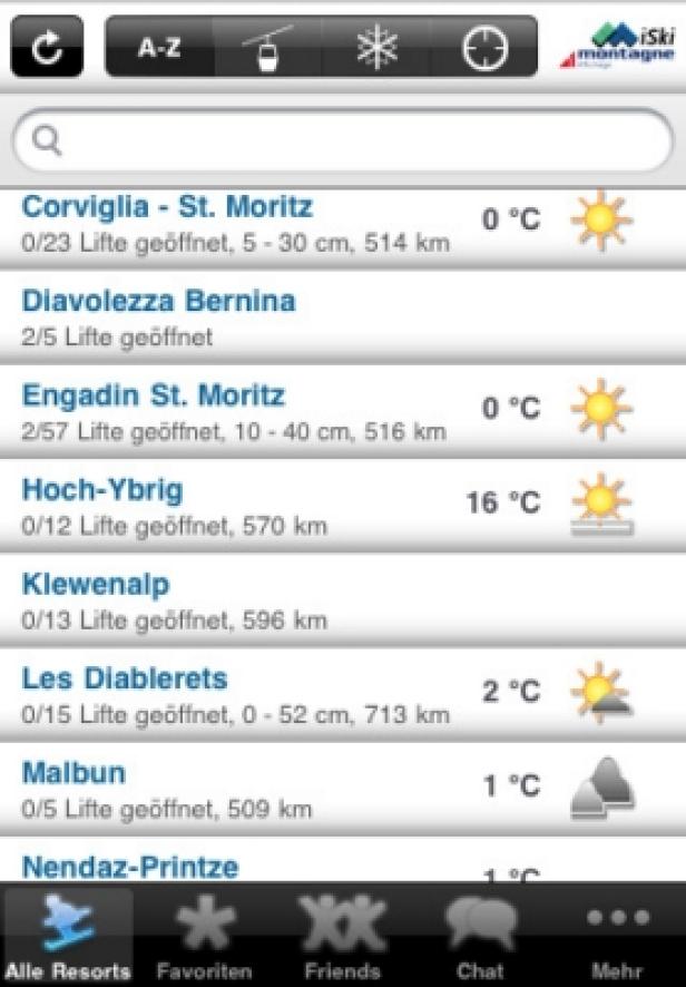 Ein Screenshot der iSki Montagne App mit Informationen zu verschiedenen Skiresorts.