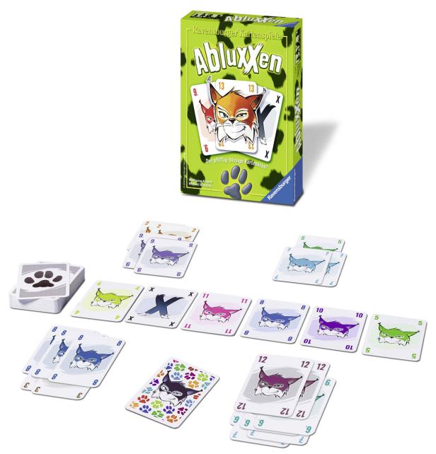 Das Kartenspiel „Abluxxen“ von Ravensburger mit Karten und der Spielschachtel.