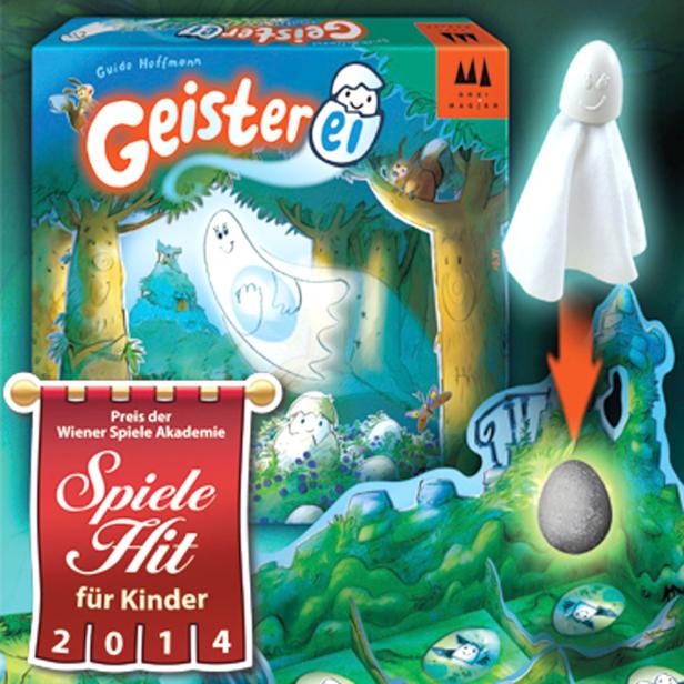 Das Cover des Kinderspiels „Geisterei“ mit einem kleinen Stoffgeist und einem Spielplan.