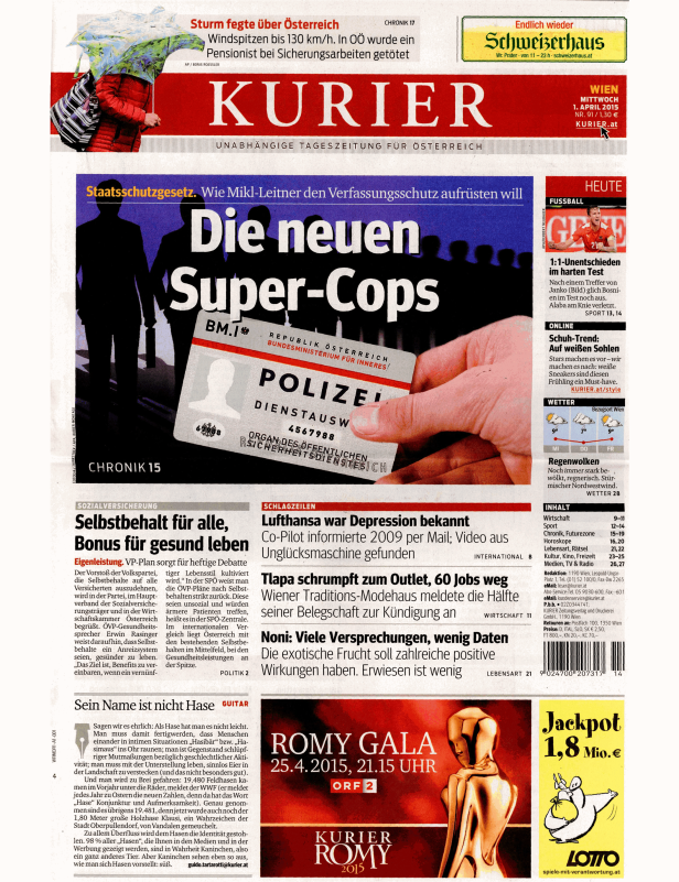 Titelseite der Zeitung „Kurier“ vom 1. April 2015 mit verschiedenen Artikeln.