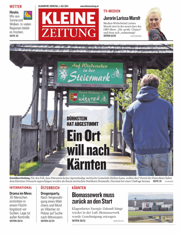 Ein Schild mit der Aufschrift „Auf Wiedersehen in der Steiermark“ und „Herzlich Willkommen in Kärnten“.