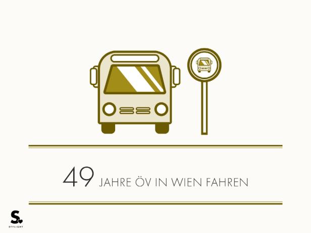 Eine stilisierte Darstellung eines Busses und eines Bushaltestellenschilds für „49 Jahre ÖV in Wien Fahren“.