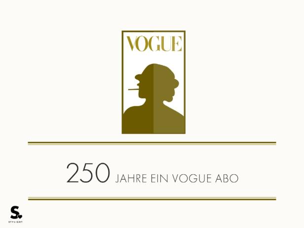 Eine stilisierte Vogue-Titelseite mit dem Profil einer Frau und dem Text „250 Jahre ein Vogue Abo“.