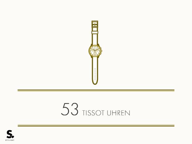 Eine stilisierte goldene Tissot-Uhr wird präsentiert; Teil einer Kollektion von 53 Uhren.