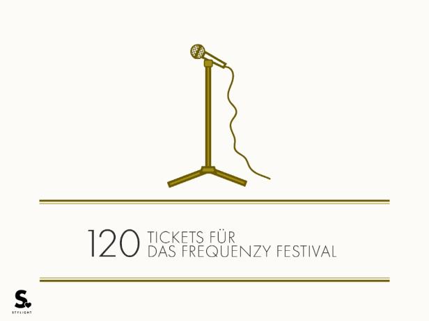 Ein Mikrofon auf einem Ständer vor dem Hintergrund der Ankündigung von 120 Tickets für das Frequency Festival.