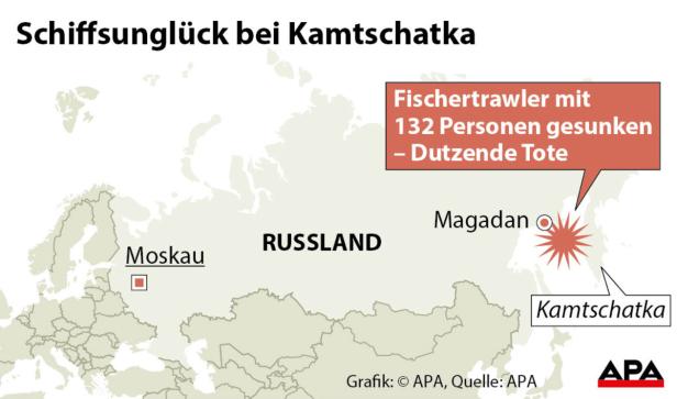 Eine Karte von Russland, die ein Schiffsunglück vor Kamtschatka mit Dutzenden Toten zeigt.