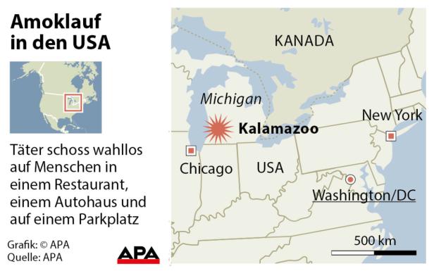 Eine Karte der USA, die den Ort eines Amoklaufs in Kalamazoo, Michigan, zeigt.