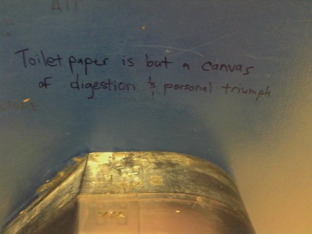 Auf einer blauen Wand steht der Spruch „Toilettenpapier ist nur eine Leinwand der Verdauung, ein persönlicher Triumph“.
