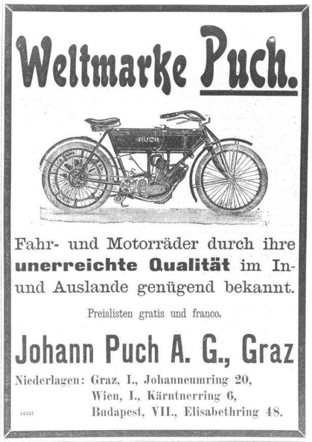 Eine historische Anzeige für Motorräder der Marke Puch.