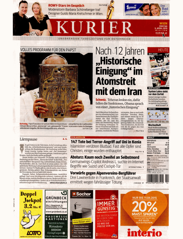 Titelseite des „Kurier“ vom 3. April 2015 mit Papst Franziskus und Schlagzeilen zu Terror und Flugzeugabsturz.