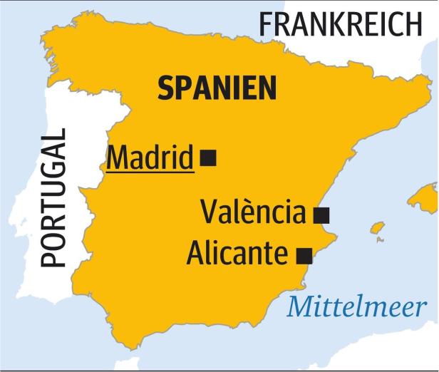 Eine Karte der Iberischen Halbinsel mit Spanien, Portugal und einem Teil Frankreichs.