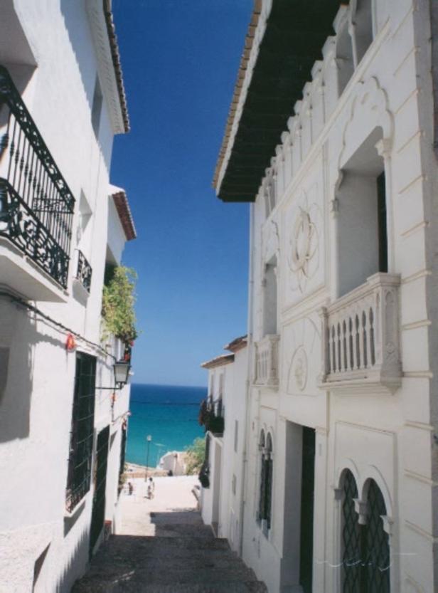 Blick durch eine Gasse mit weißen Häusern auf das Meer.