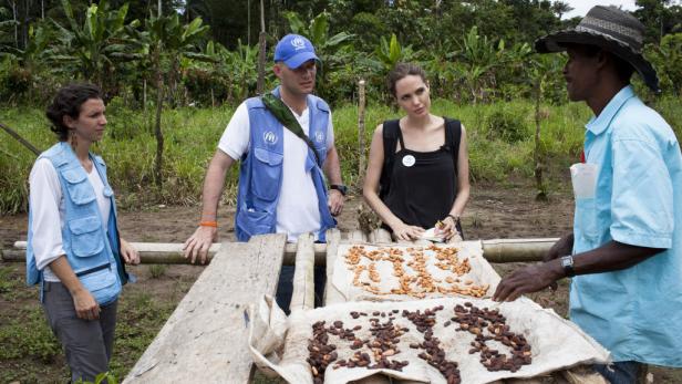 Angelina Jolie und andere betrachten Kakaobohnen auf einem Marktstand.
