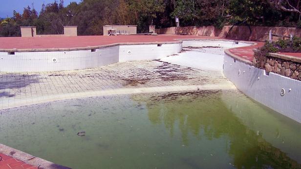 Ein leerer, sanierungsbedürftiger Swimmingpool mit trübem Wasser und beschädigten Fliesen.
