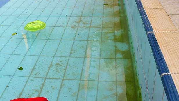 Ein verschmutzter Pool mit trübem Wasser und einigen Blättern darin.