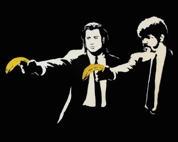 Eine stilisierte Darstellung von John Travolta und Samuel L. Jackson aus „Pulp Fiction“ mit Bananen als Waffen.