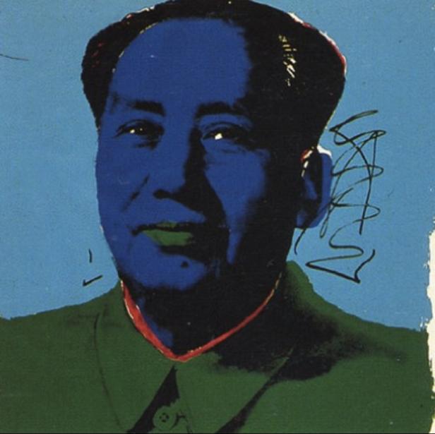 Ein Pop-Art-Porträt von Mao Zedong in Blau, Grün und Rot.