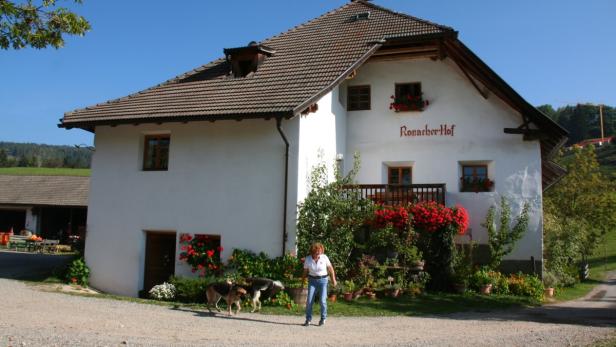 Eine Frau geht mit zwei Hunden vor dem „Ronacher Hof“ entlang.