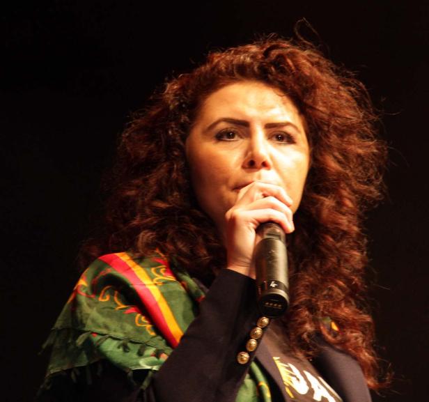 Eine Frau mit lockigem Haar singt in ein Mikrofon.