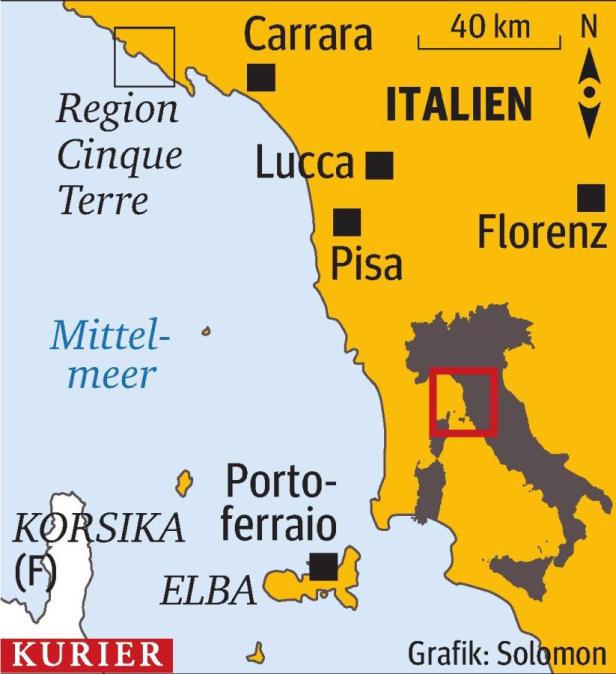 Eine Karte von Italien mit den Städten Florenz, Pisa, Lucca und Carrara sowie der Region Cinque Terre.