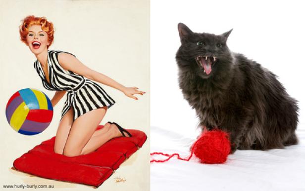 Ein Pin-up-Girl mit einem Ball und eine Katze mit einem Wollknäuel auf zwei separaten Bildern.