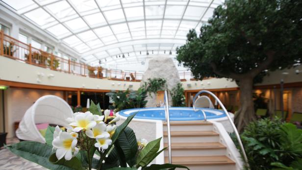 Ein Innenhof mit Whirlpool, tropischen Pflanzen und einem großen Baum unter einem Glasdach.