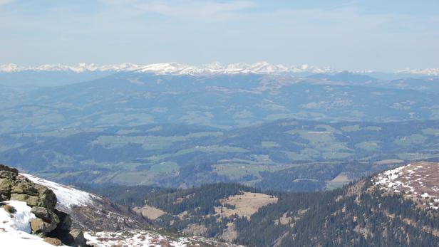 Blick über grüne Hügel und Wälder auf schneebedeckte Berggipfel.
